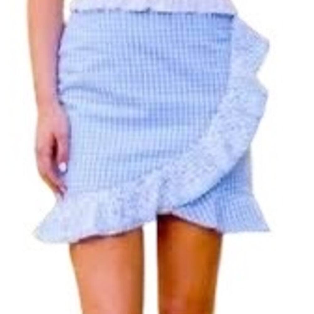 J Marie Samm Mini Skirt XS Blue Gingham Faux Wrap Embroidered Game Day